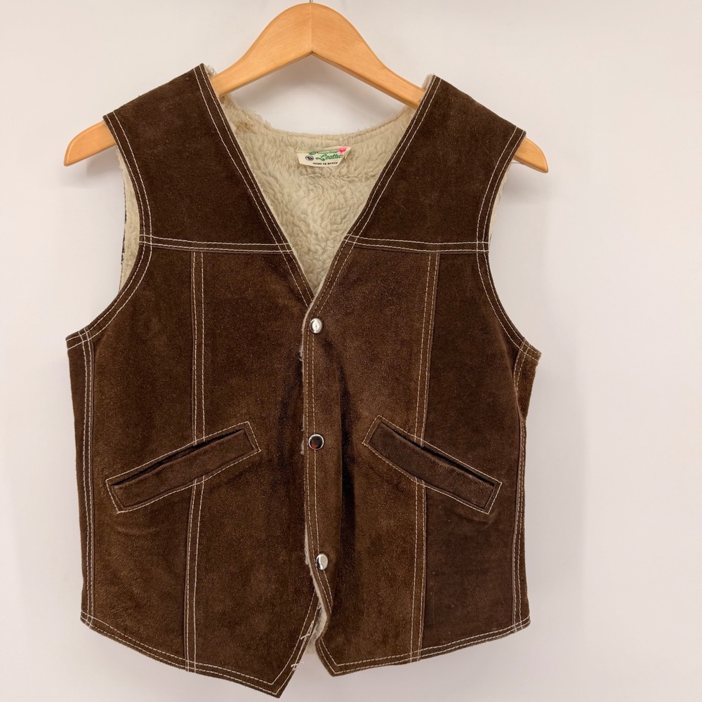 Vintage Genuine Leather Vest Men Small Brown Suede Shearling Lined Western Ranch
